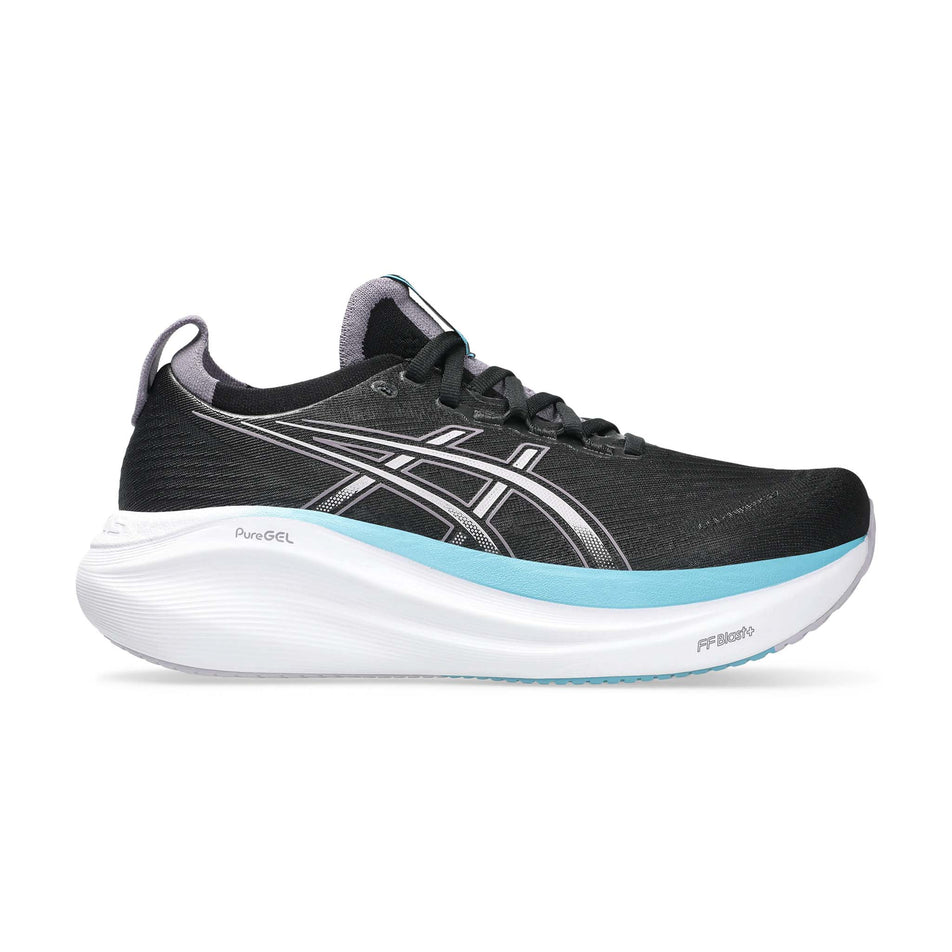 Lateral view of the right shoe from a pair of ASICS Women's Gel-Nimbus 27 Running Shoes in the Black/Dusk Violet colourway. (8680764276898)