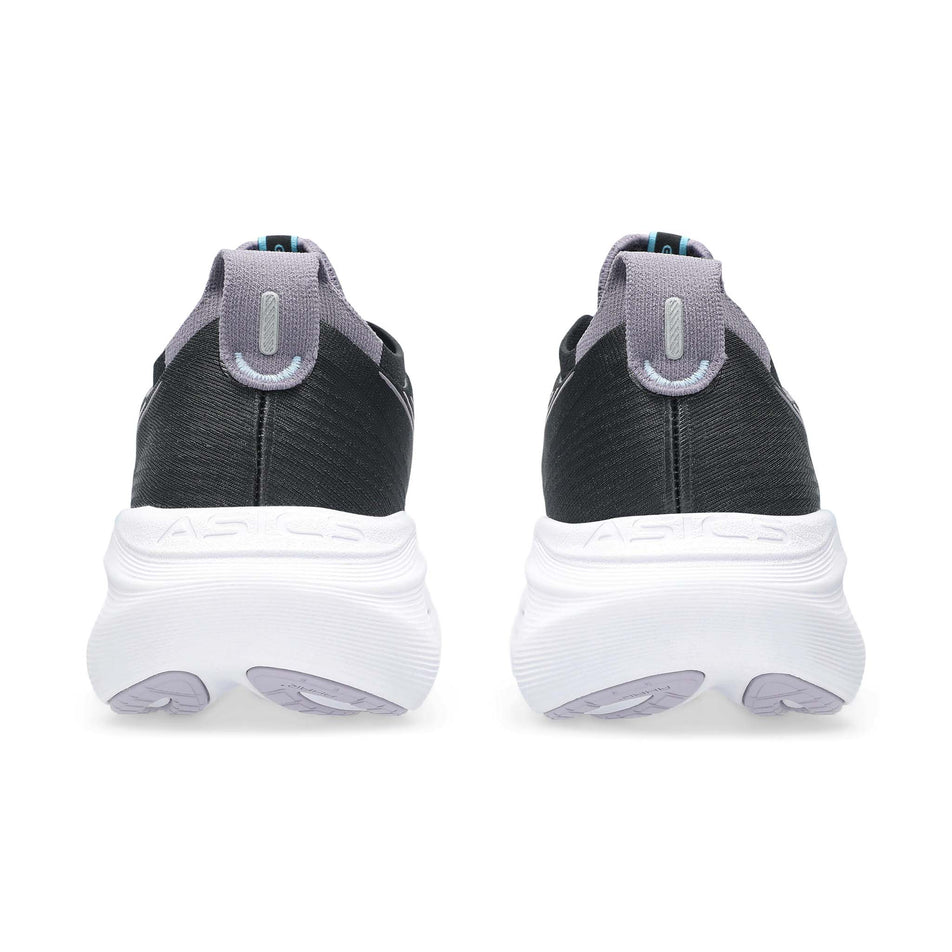 The back of a pair of ASICS Women's Gel-Nimbus 27 Running Shoes in the Black/Dusk Violet colourway. (8680764276898)