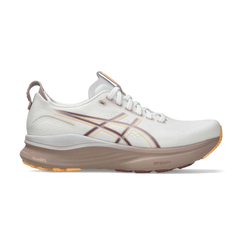 Lateral view of the right shoe from a pair of ASICS Women's Gel-Kayano 32 Running Shoes in the White/Orange Glow colourway. (8669086384290)