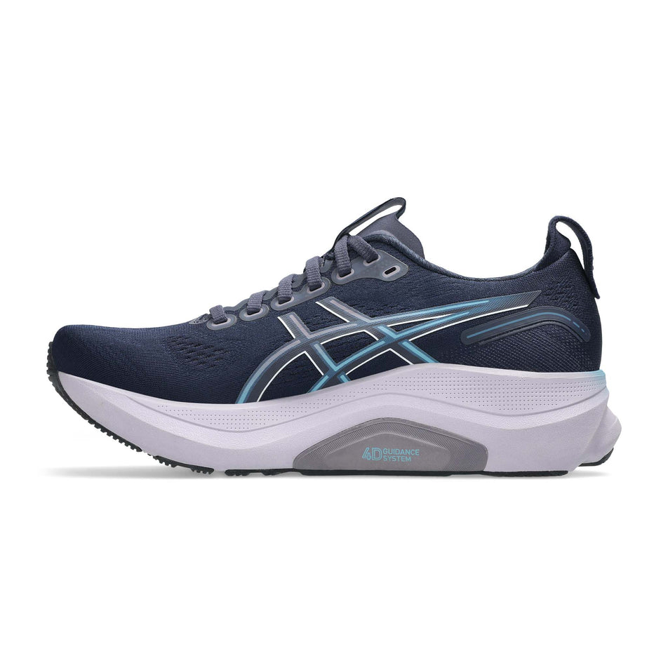 Medial view of the right shoe from a pair of Asics Women's Gel-Kayano 32 Running Shoes in the Midnight/Stillwater colourway. (8680606990498)