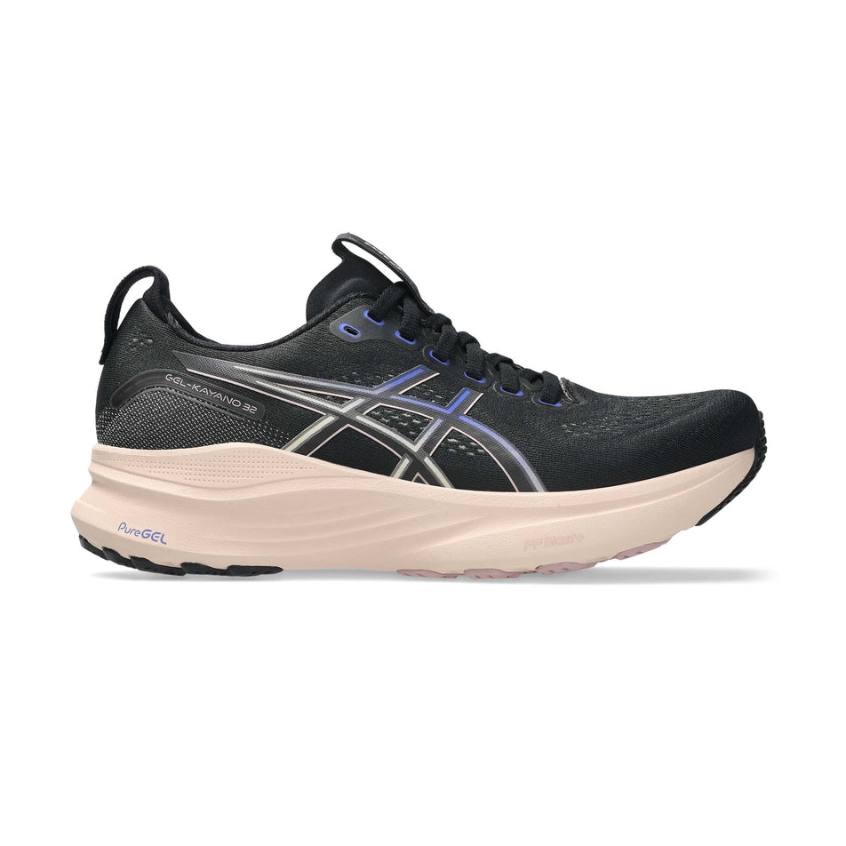 Lateral view of the right shoe from a pair of ASICS Women's Gel-Kayano 32 Running Shoes in the Black/Pearl Pink colourway. 