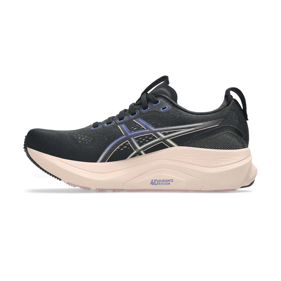 Medial view of the right shoe from a pair of ASICS Women's Gel-Kayano 32 Running Shoes in the Black/Pearl Pink colourway.