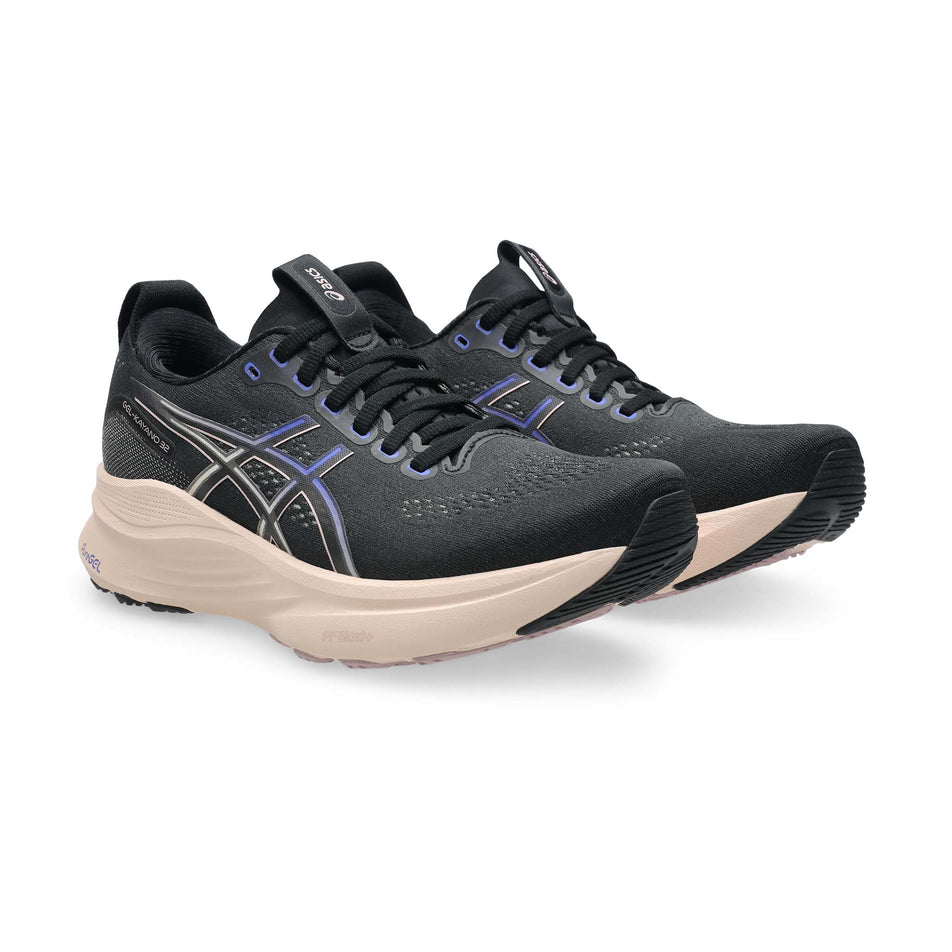 A pair of ASICS Women's Gel-Kayano 32 Running Shoes in the Black/Pearl Pink colourway.