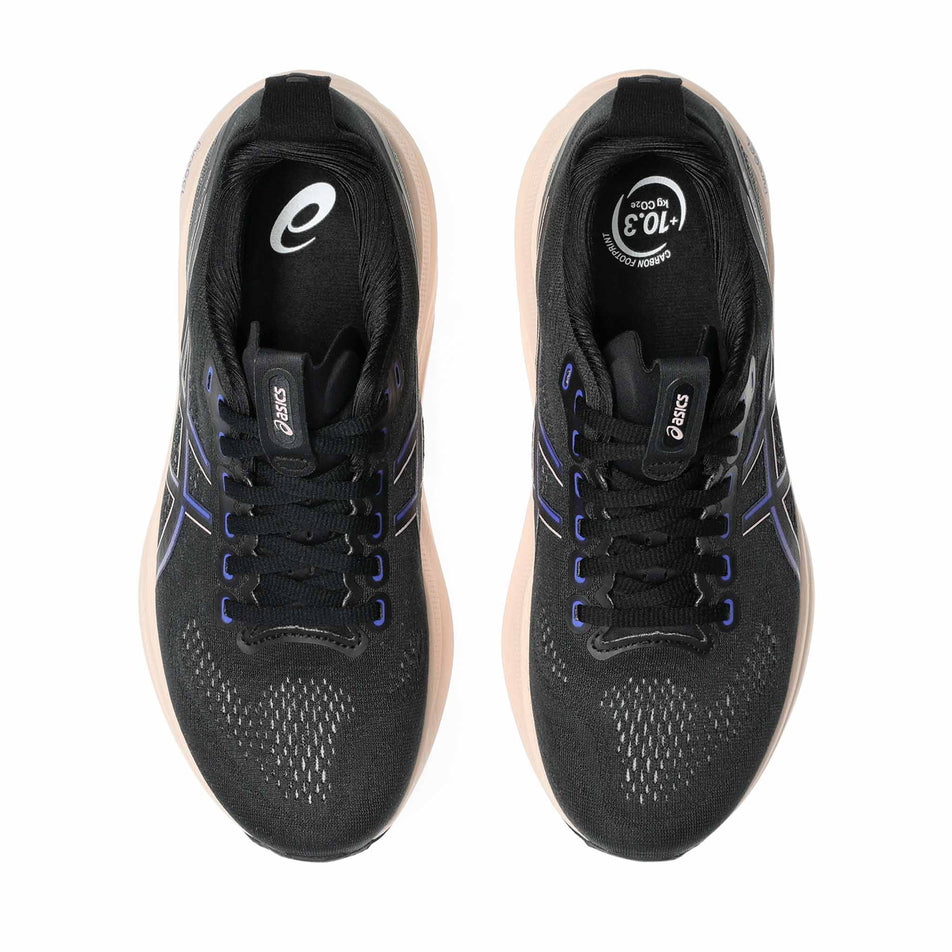 The uppers of a pair of ASICS Women's Gel-Kayano 32 Running Shoes in the Black/Pearl Pink colourway.