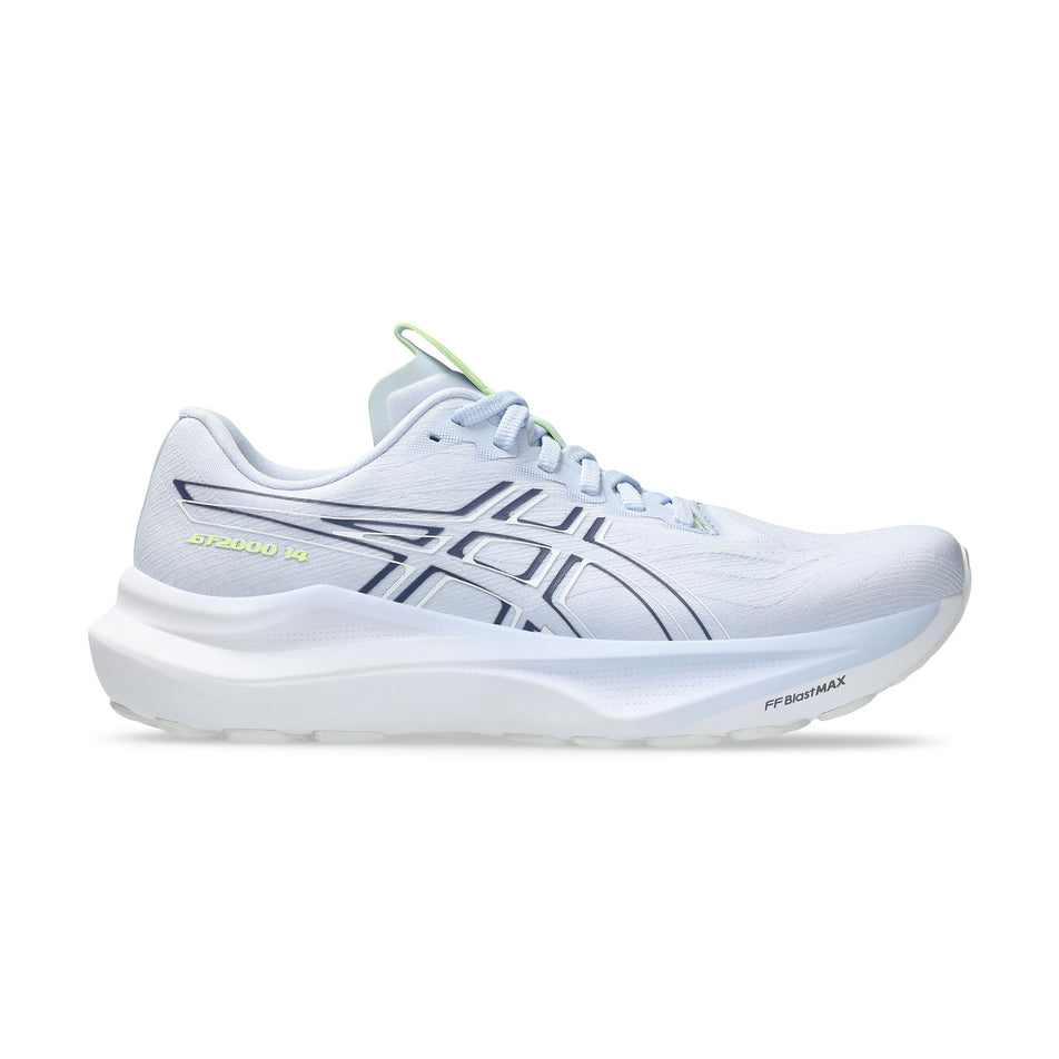 Lateral view of the right shoe from a pair of ASICS Women's GT-2000 14 Running Shoes in the Blue Fade/Indigo Fog colourway. (8680755724450)