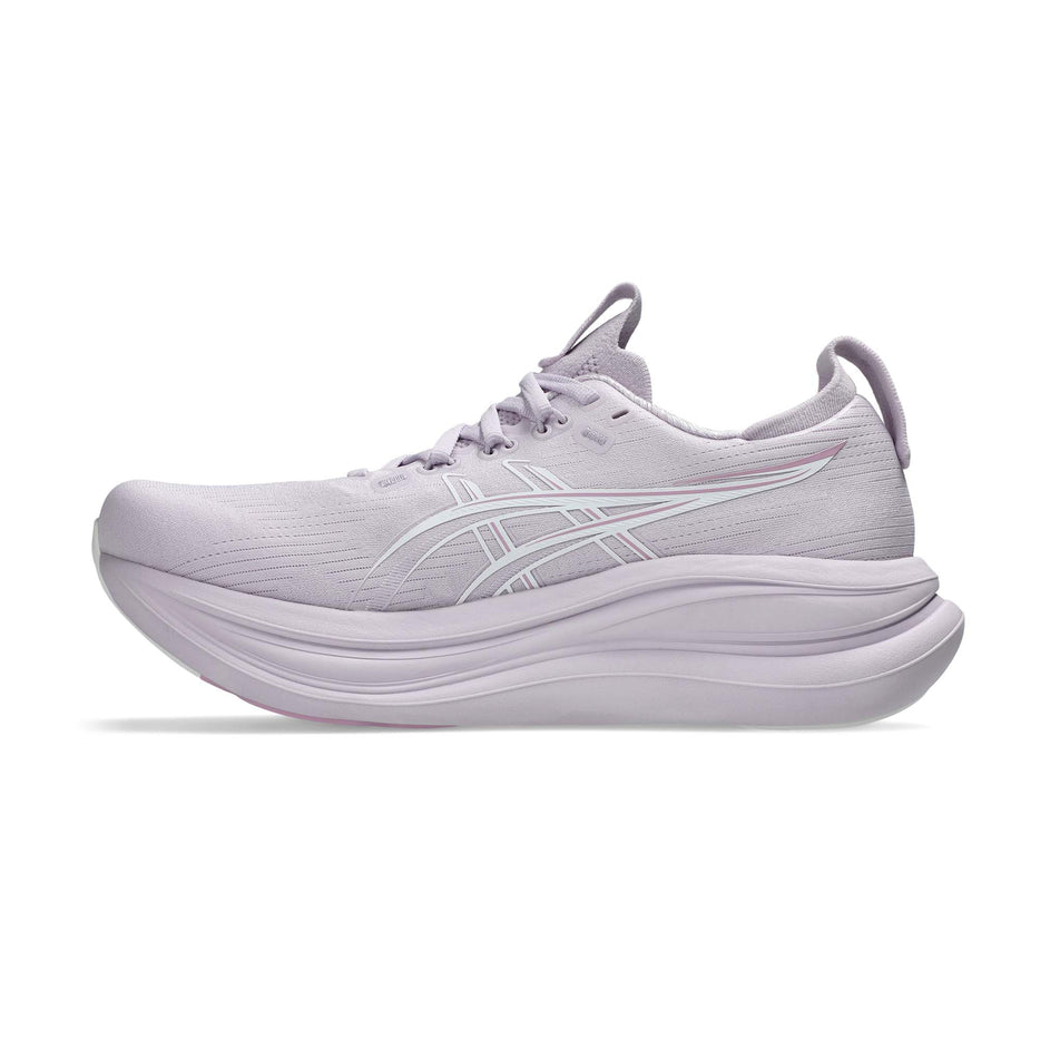 Medial view of the right shoe from a pair of ASICS Women's Gel-Nimbus 28 Running Shoes in the Dahlia/White colourway.