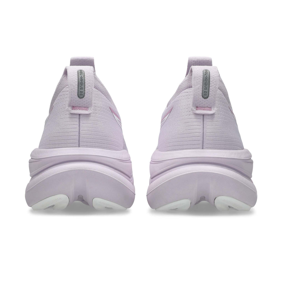 The back of a pair of ASICS Women's Gel-Nimbus 28 Running Shoes in the Dahlia/White colourway.