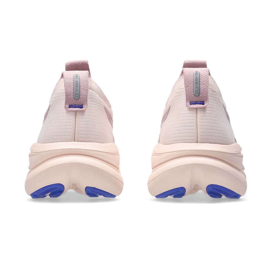 The back of a pair of ASICS Women's Gel-Nimbus 28 Running Shoes in the Pearl Pink/Morganite colourway.