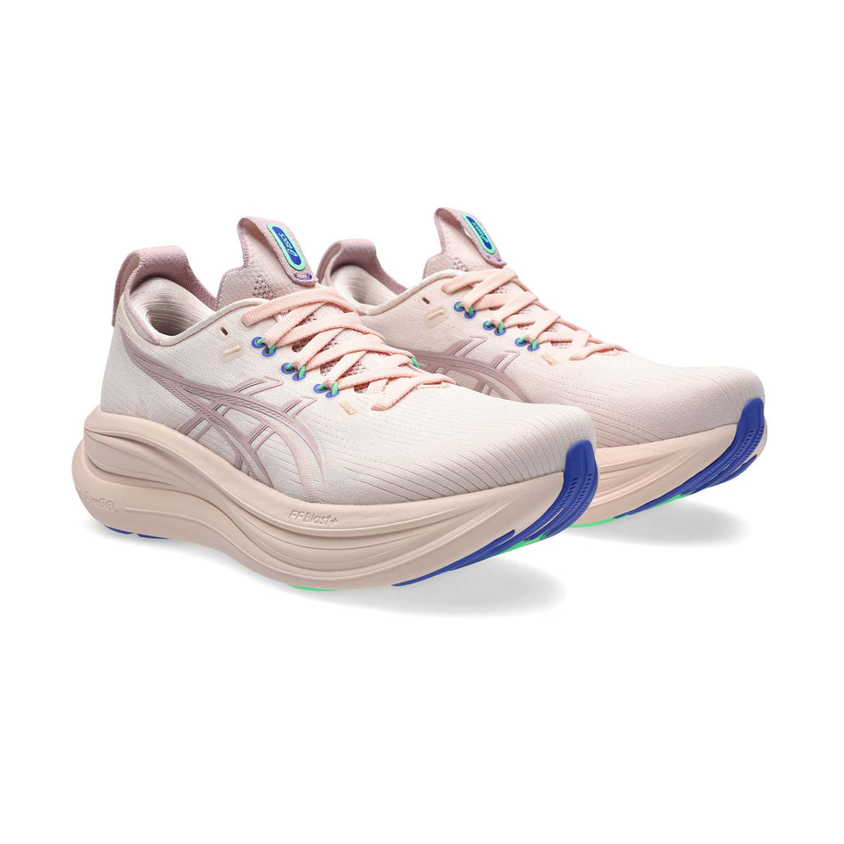 A pair of ASICS Women's Gel-Nimbus 28 Running Shoes in the Pearl Pink/Morganite colourway.