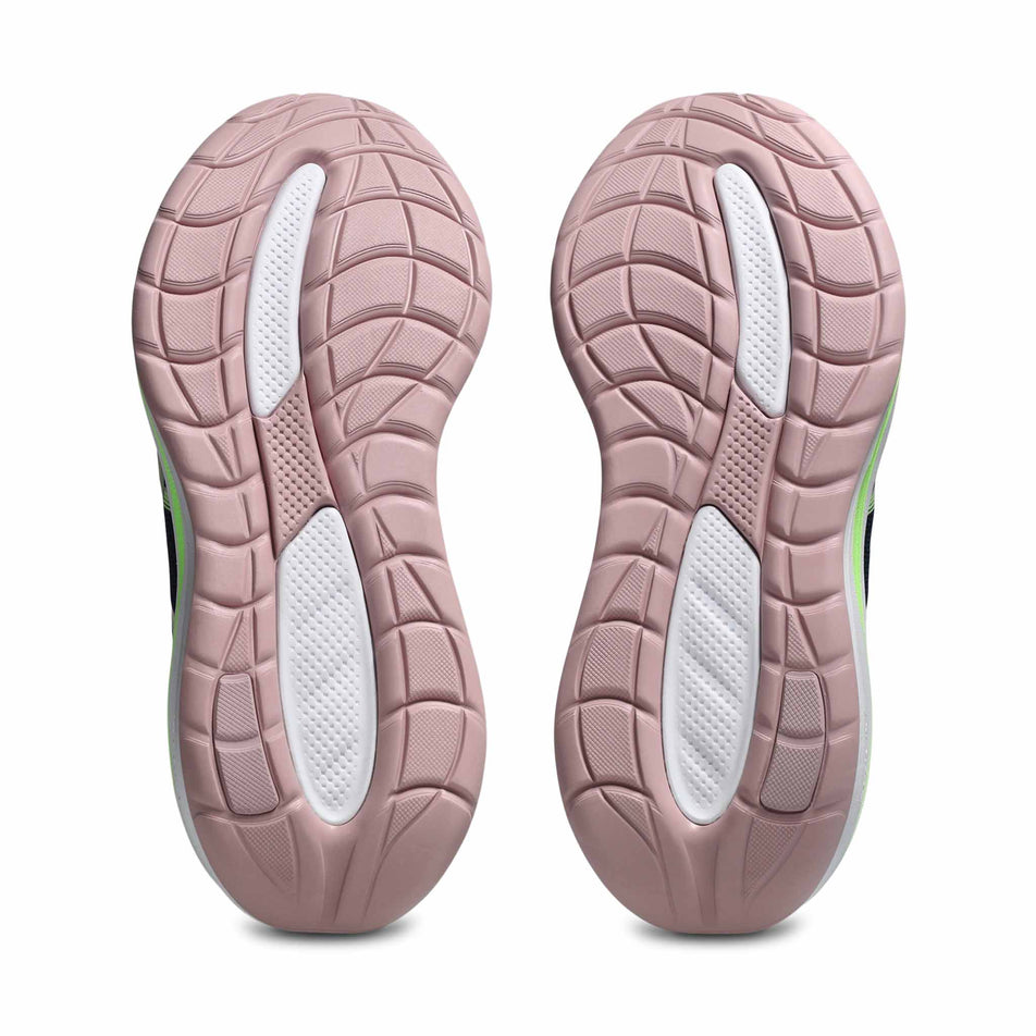 The outsoles of a pair of ASICS Women's Gel-Cumulus 28 Running Shoes in the Midnight/Illuminate Green colourway.