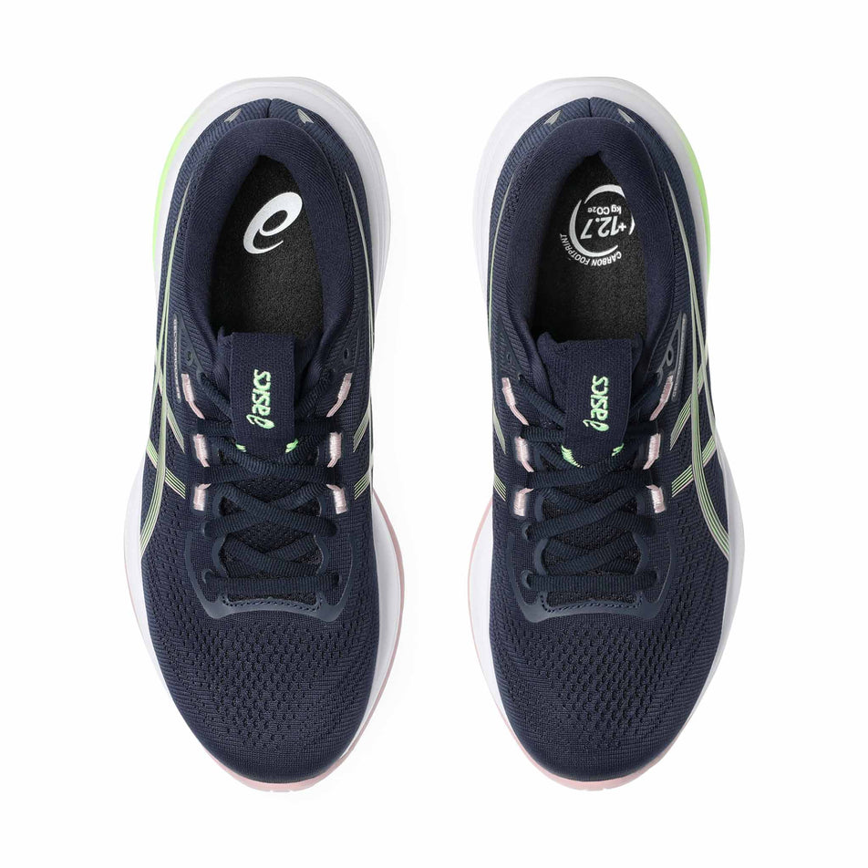 The uppers of a pair of ASICS Women's Gel-Cumulus 28 Running Shoes in the Midnight/Illuminate Green colourway.