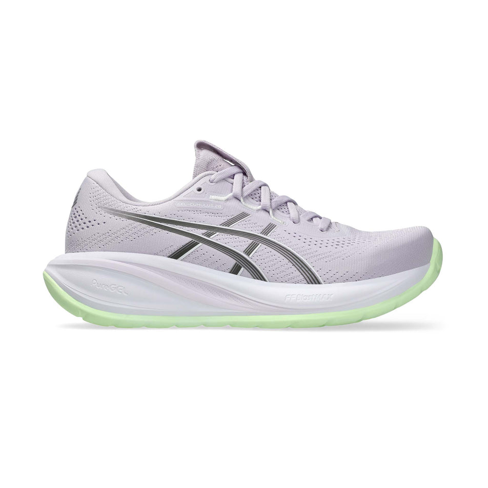 Lateral view of the right shoe from a pair of ASICS Women's Gel-Cumulus 28 Running Shoes in the Dahlia/Illuminate Yellow colourway.
