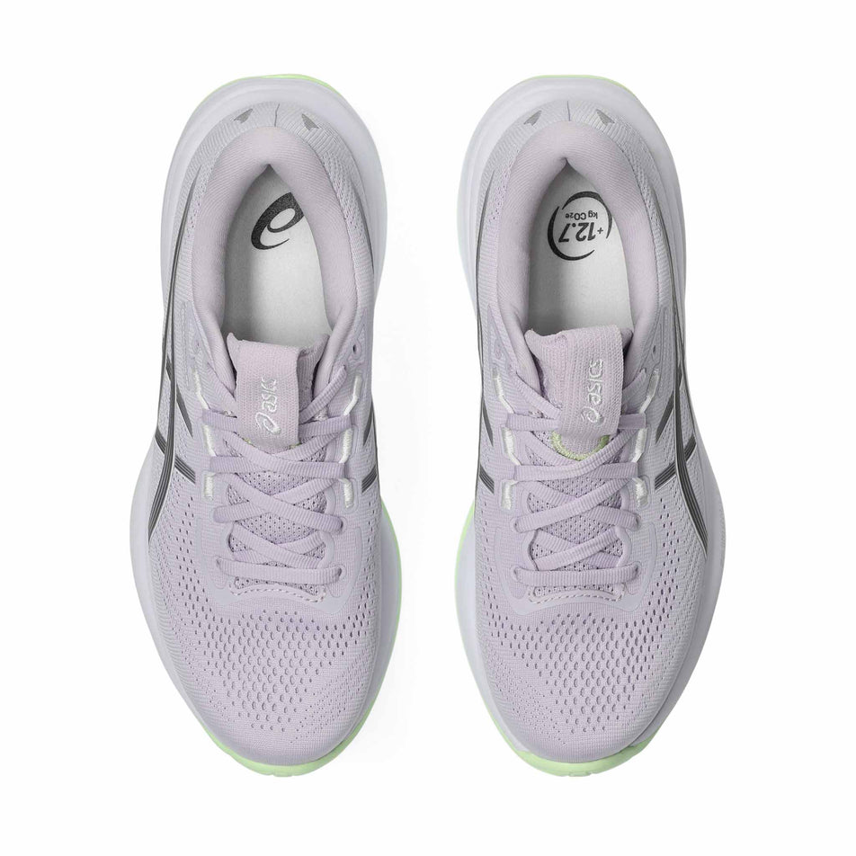 The uppers of a pair of ASICS Women's Gel-Cumulus 28 Running Shoes in the Dahlia/Illuminate Yellow colourway.