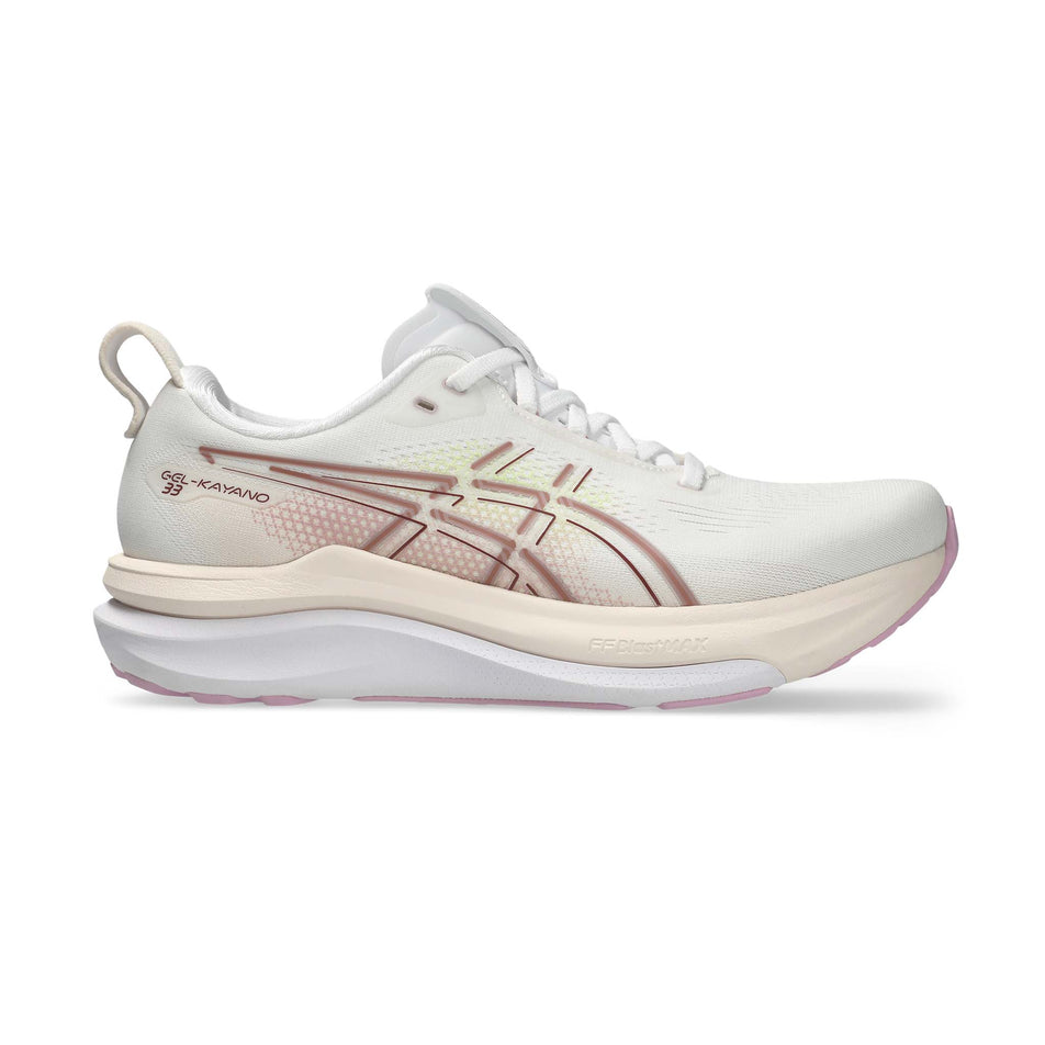 Lateral view of the right shoe from a pair of ASICS Women's Gel-Kayano 33 Running Shoes in the White/Hazy Lilac colourway.