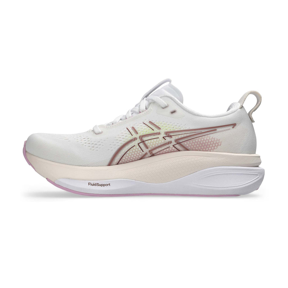 Medial view of the right shoe from a pair of ASICS Women's Gel-Kayano 33 Running Shoes in the White/Hazy Lilac colourway.