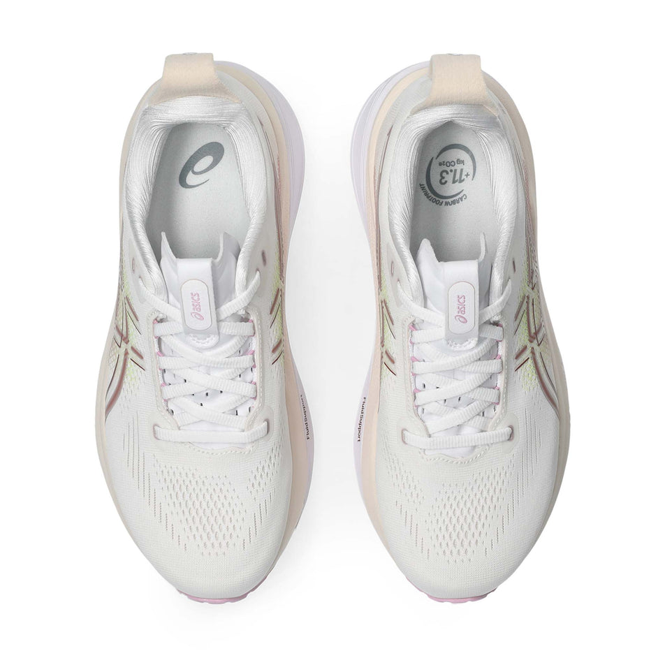 The uppers of a pair of ASICS Women's Gel-Kayano 33 Running Shoes in the White/Hazy Lilac colourway.