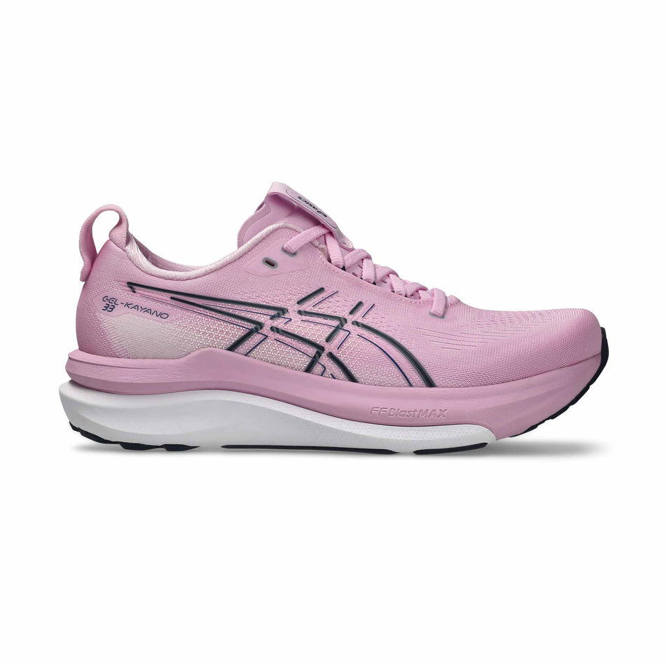 Lateral view of the right shoe from a pair of ASICS Women's Gel-Kayano 33 Running Shoes in the Hazy Lilac/White colourway.