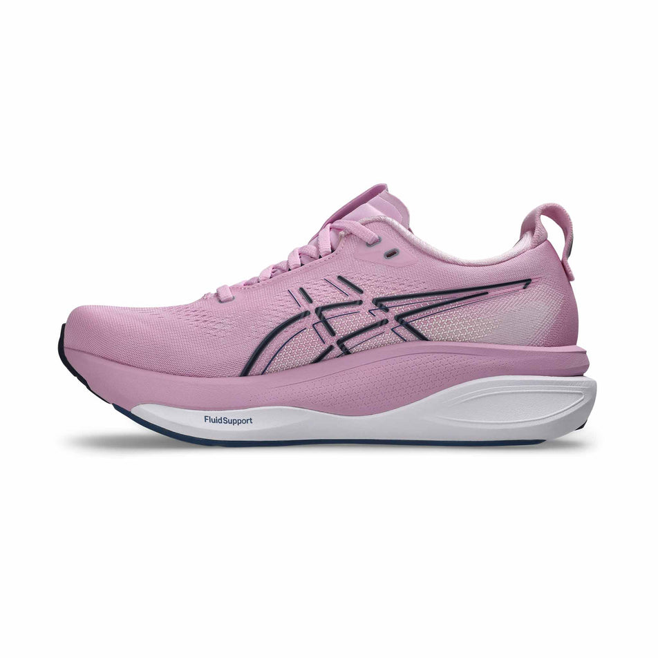 Medial view of the right shoe from a pair of ASICS Women's Gel-Kayano 33 Running Shoes in the Hazy Lilac/White colourway.