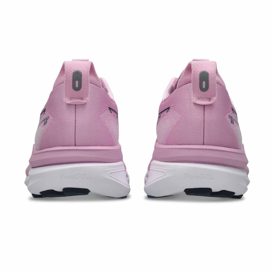 The back of a pair of ASICS Women's Gel-Kayano 33 Running Shoes in the Hazy Lilac/White colourway.
