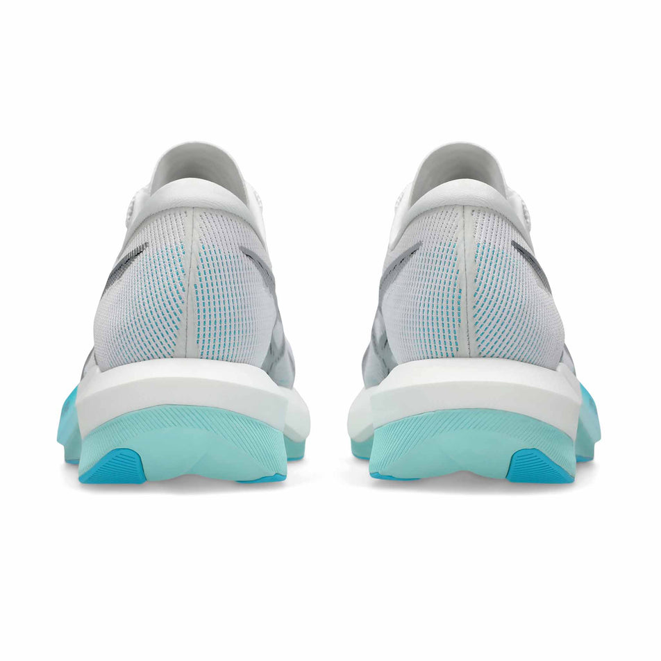 The back of a pair of ASICS Unisex Magic Speed 5 Running Shoes in the White/Pure Silver colourway.