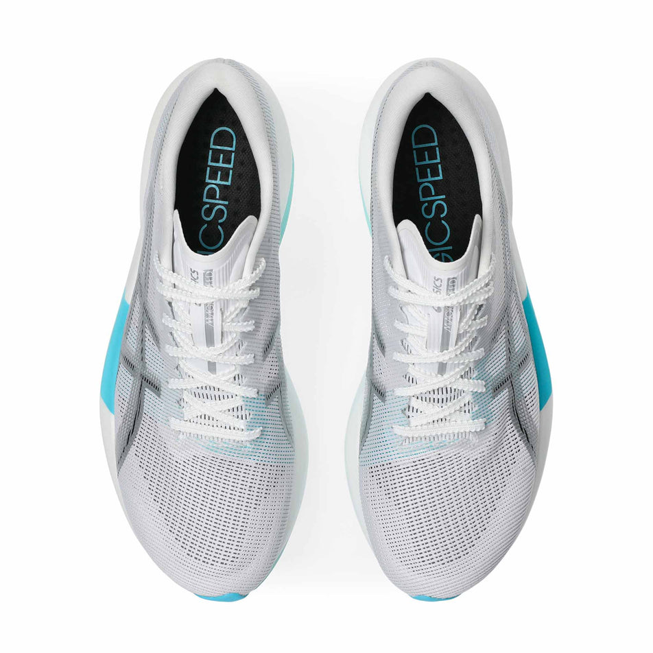 The uppers of a pair of ASICS Unisex Magic Speed 5 Running Shoes in the White/Pure Silver colourway.