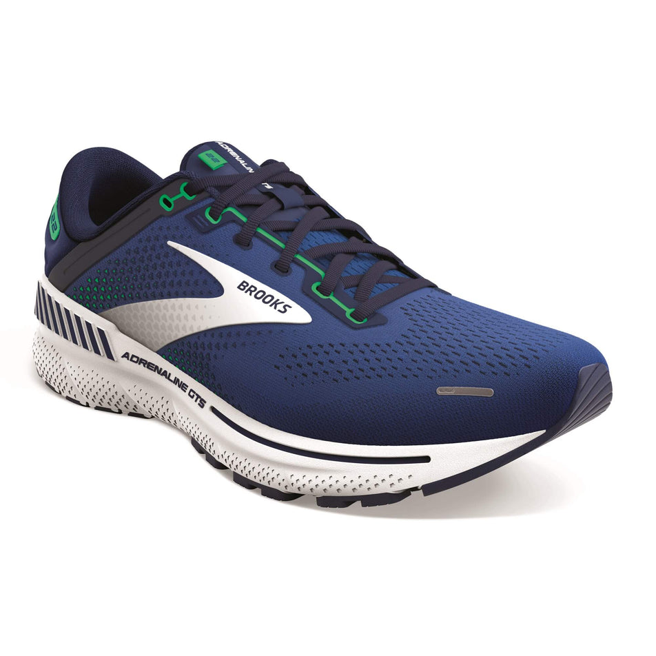 Front-lateral side of the right shoe from a pair of Brooks Men's Adrenaline GTS 22 Running Shoes in the Surf the Web/Blue/Irish Green colourway (7930182533282)