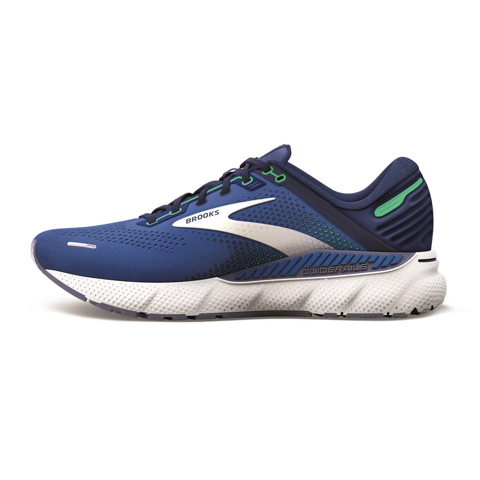 Medial side of the right shoe from a pair of Brooks Men's Adrenaline GTS 22 Running Shoes in the Surf the Web/Blue/Irish Green colourway (7930182533282)