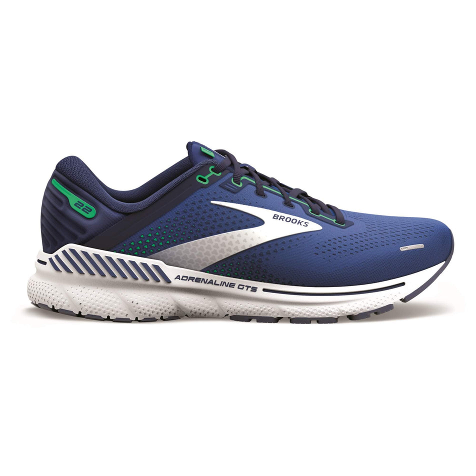 Lateral side of the right shoe from a pair of Brooks Men's Adrenaline GTS 22 Running Shoes in the Surf the Web/Blue/Irish Green colourway (7930182533282)