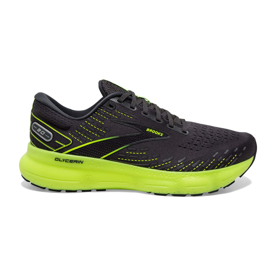Lateral side of the right shoe from a pair of Brooks Men's Glycerin 20 Running Shoes in the Ebony/Nightlife colourway (8030239785122)