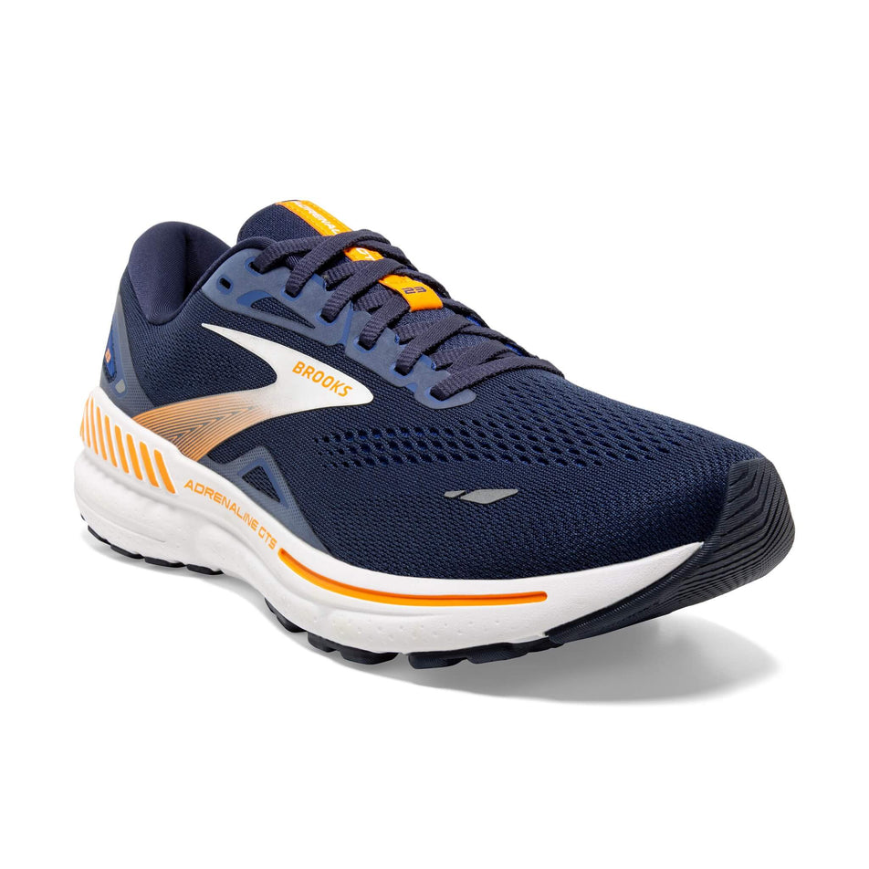 Lateral side of the right shoe from a pair of Brooks Men's Adrenaline GTS 23 Running Shoes in the Peacoat/Ultramarina/Orange colourway (8113628184738)