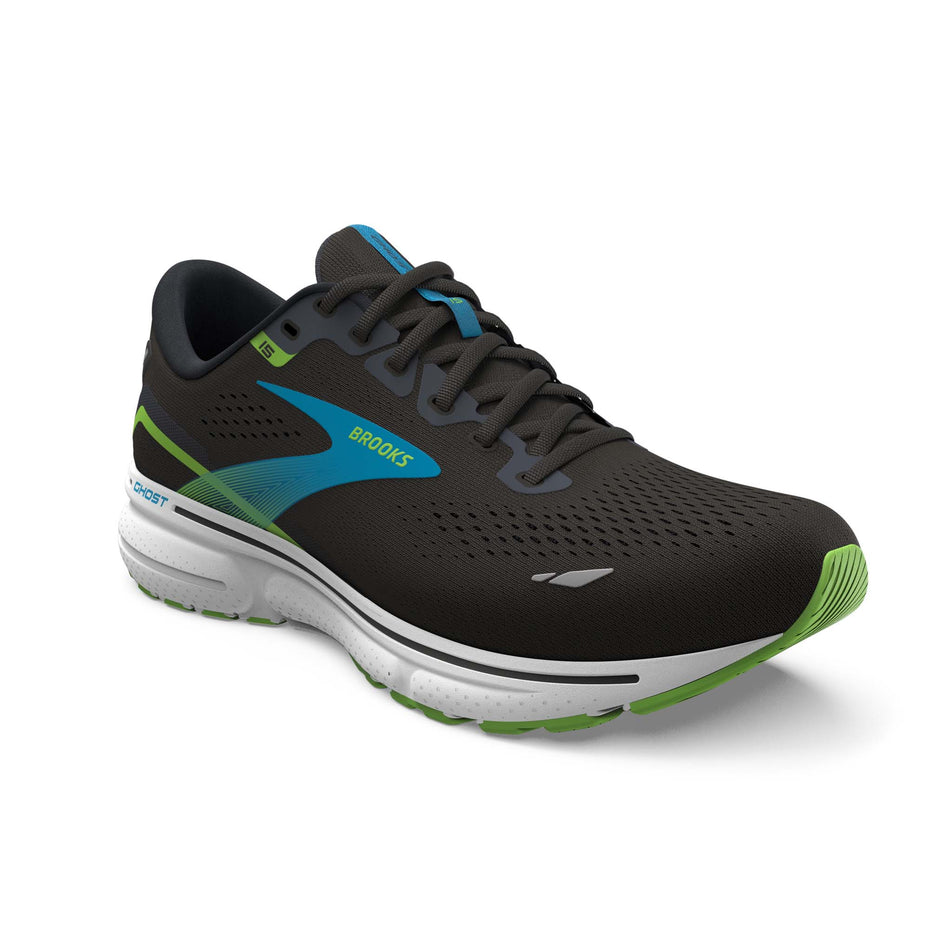 Lateral side of the right shoe from a pair of Brooks Men's Ghost 15 Running Shoes in the Black/Hawaiian Ocean/Green colourway  (7901058334882)