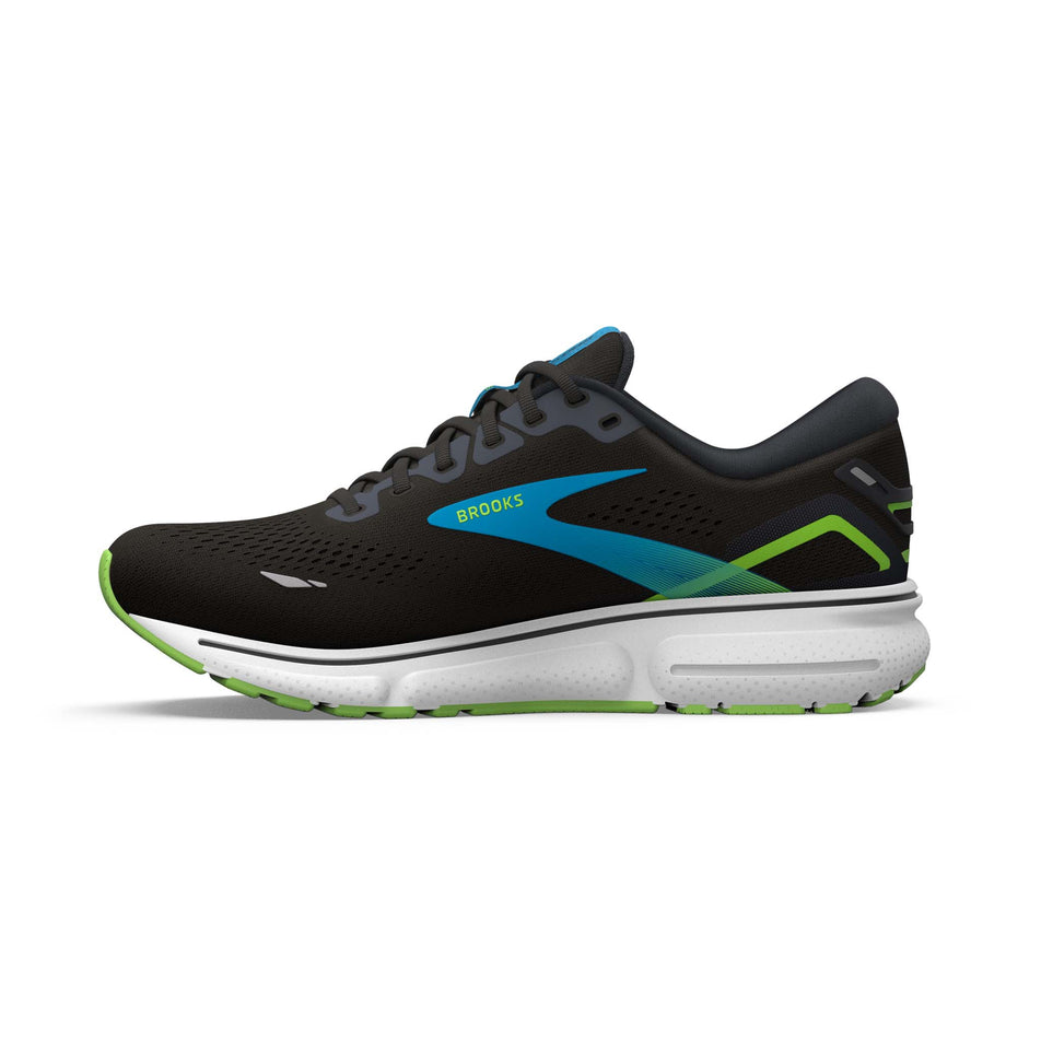 Medial side of the right shoe from a pair of Brooks Men's Ghost 15 Running Shoes in the Black/Hawaiian Ocean/Green colourway  (7901058334882)