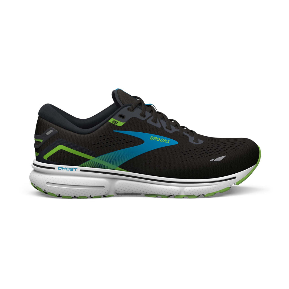Lateral side of the right shoe from a pair of Brooks Men's Ghost 15 Running Shoes in the Black/Hawaiian Ocean/Green colourway  (7901058334882)
