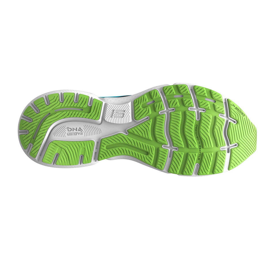 The outsole of the right shoe from a pair of Brooks Men's Ghost 15 Running Shoes in the Black/Hawaiian Ocean/Green colourway  (7901058334882)
