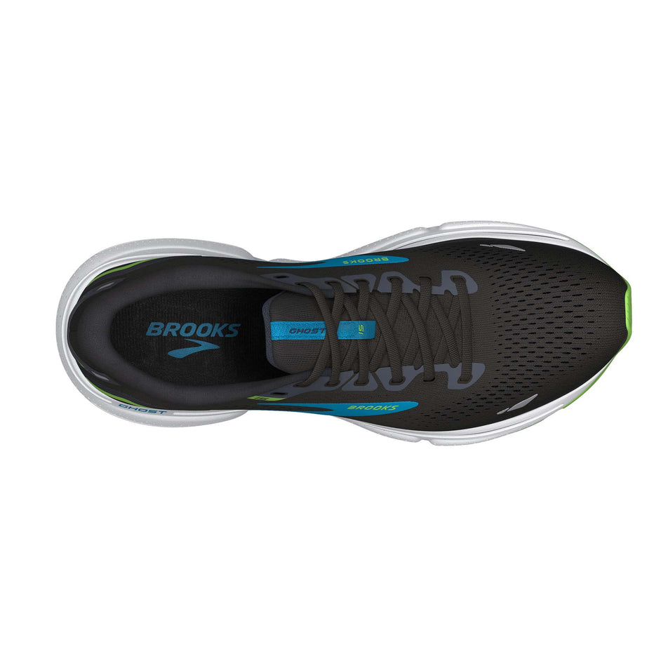 The upper of the right shoe from a pair of Brooks Men's Ghost 15 Running Shoes in the Black/Hawaiian Ocean/Green colourway  (7901058334882)