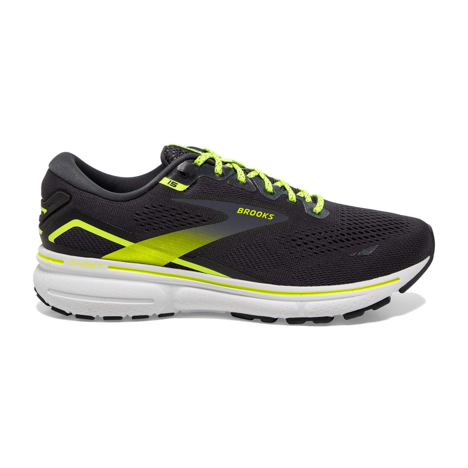 Lateral side of the right shoe from a pair of Brooks Men's Ghost 15 Running Shoes in the Ebony/White/Nightlife colourway (8030233624738)