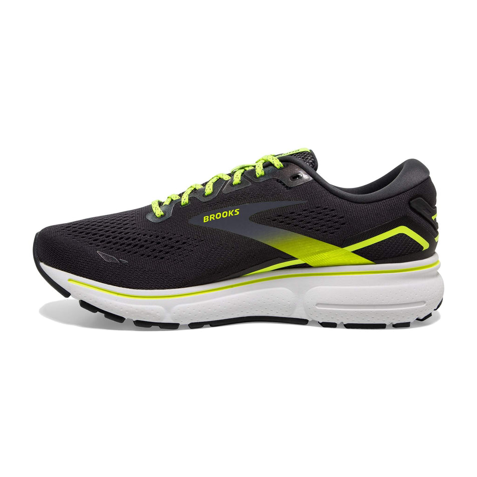 Medial side of the right shoe from a pair of Brooks Men's Ghost 15 Running Shoes in the Ebony/White/Nightlife colourway (8030233624738)