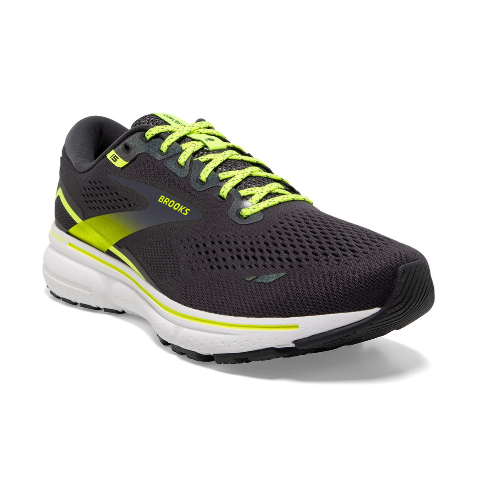 Lateral side of the right shoe from a pair of Brooks Men's Ghost 15 Running Shoes in the Ebony/White/Nightlife colourway (8030233624738)