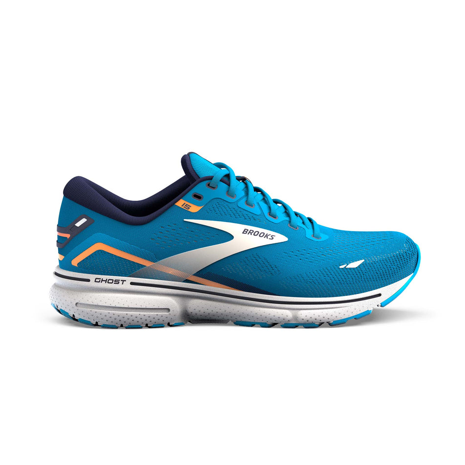 Lateral side of the right shoe from a pair of Brooks Men's Ghost 15 Running Shoes in the Blue/Peacoat/Orange colourway (7901063676066)