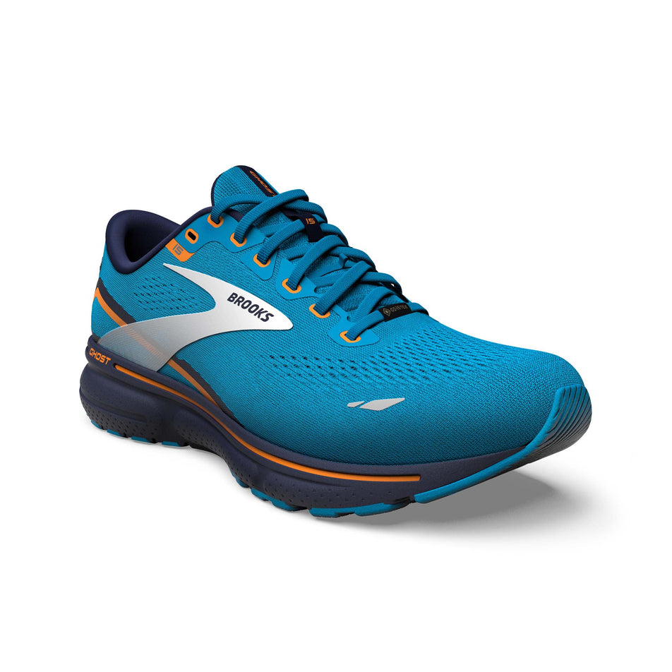 Lateral side of the right shoe from a pair of Brooks Men's Ghost 15 GORE-TEX Running Shoes in the Blue/Peacoat/orange colourway (7901065314466)