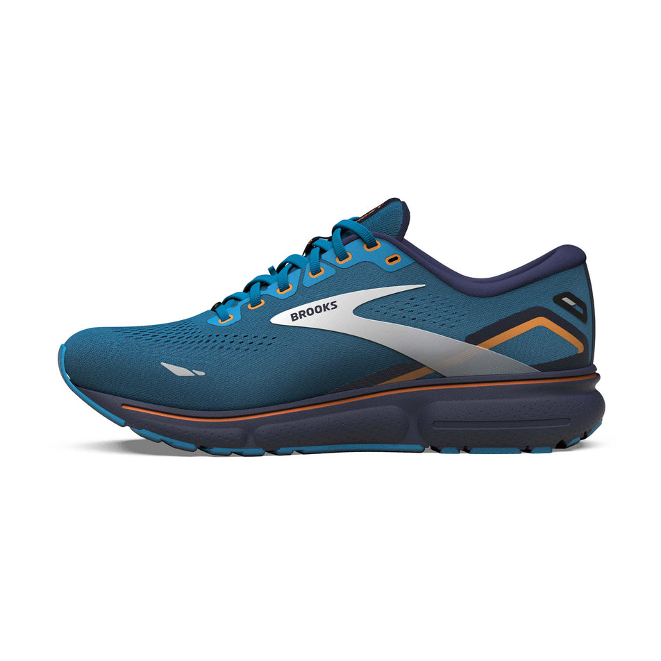 Medial side of the right shoe from a pair of Brooks Men's Ghost 15 GORE-TEX Running Shoes in the Blue/Peacoat/orange colourway (7901065314466)