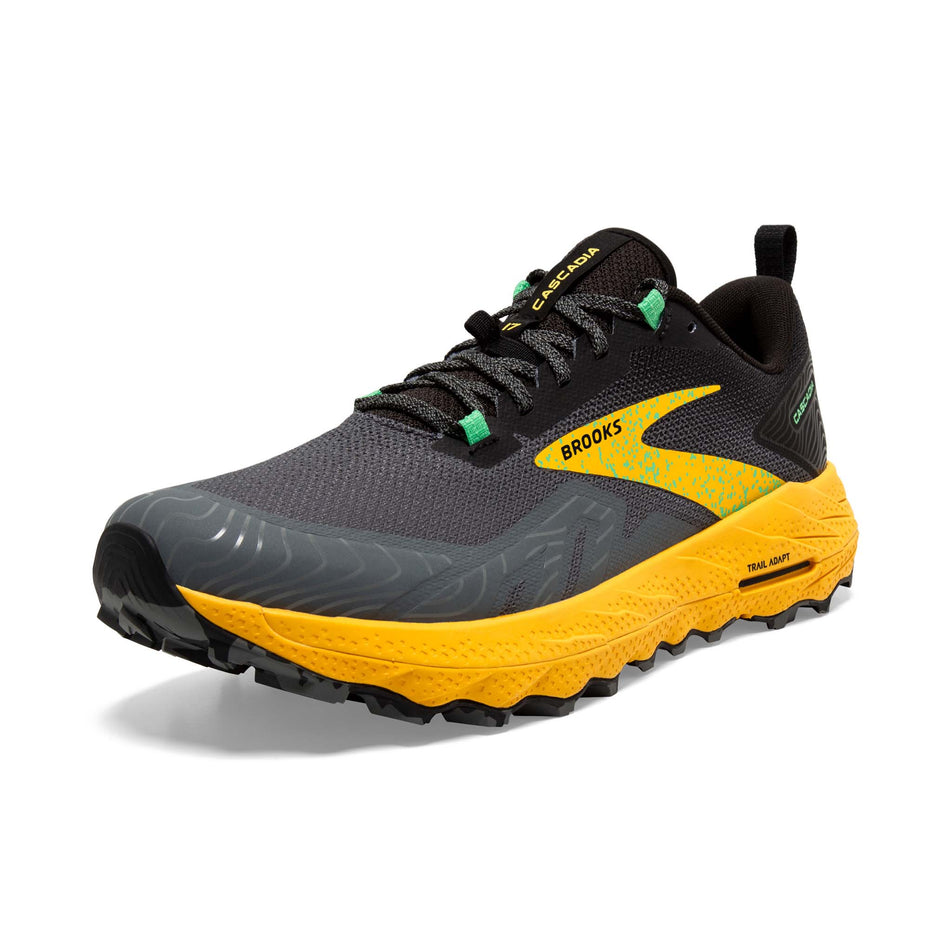 Lateral side of the right shoe from a pair of Brooks Men's Cascadia 17 Running Shoes in the Lemon Chrome/Sedona Sage colourway (8113639489698)