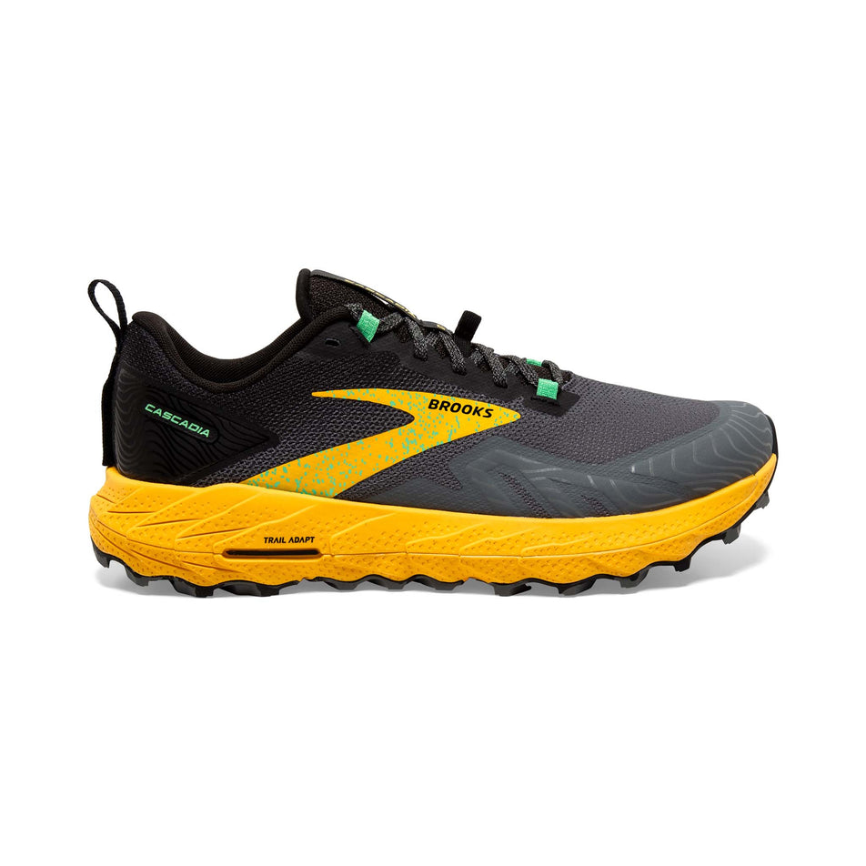 Lateral side of the right shoe from a pair of Brooks Men's Cascadia 17 Running Shoes in the Lemon Chrome/Sedona Sage colourway (8113639489698)
