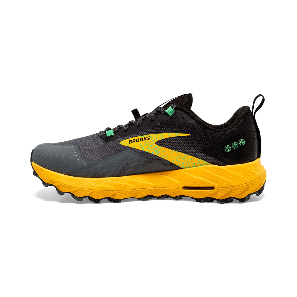 Medial side of the right shoe from a pair of Brooks Men's Cascadia 17 Running Shoes in the Lemon Chrome/Sedona Sage colourway (8113639489698)