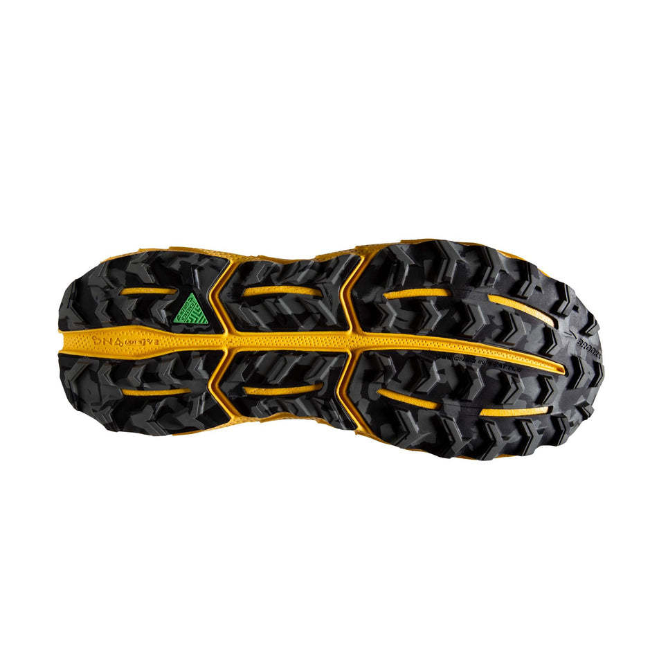 Outsole of the right shoe from a pair of Brooks Men's Cascadia 17 Running Shoes in the Lemon Chrome/Sedona Sage colourway (8113639489698)