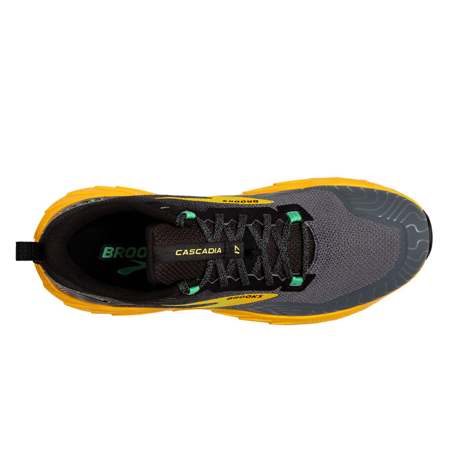 The upper of the right shoe from a pair of Brooks Men's Cascadia 17 Running Shoes in the Lemon Chrome/Sedona Sage colourway (8113639489698)