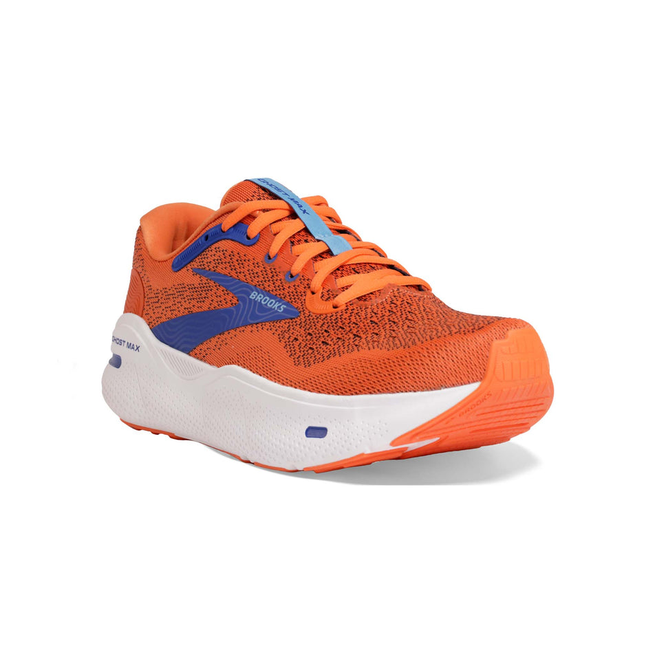 Lateral side of the right shoe from a pair of Brooks Men's Ghost Max Running Shoes in the Red Orange/Black/Surf The Web colourway (8104446886050)