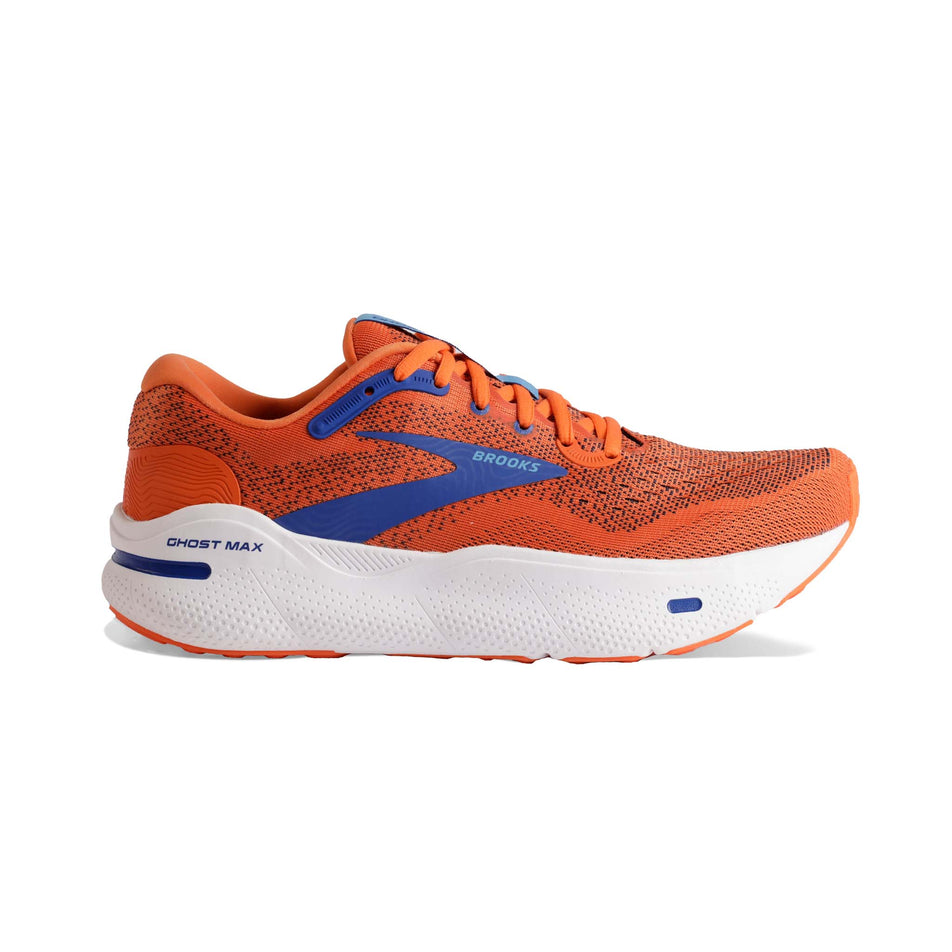Lateral side of the right shoe from a pair of Brooks Men's Ghost Max Running Shoes in the Red Orange/Black/Surf The Web colourway (8104446886050)