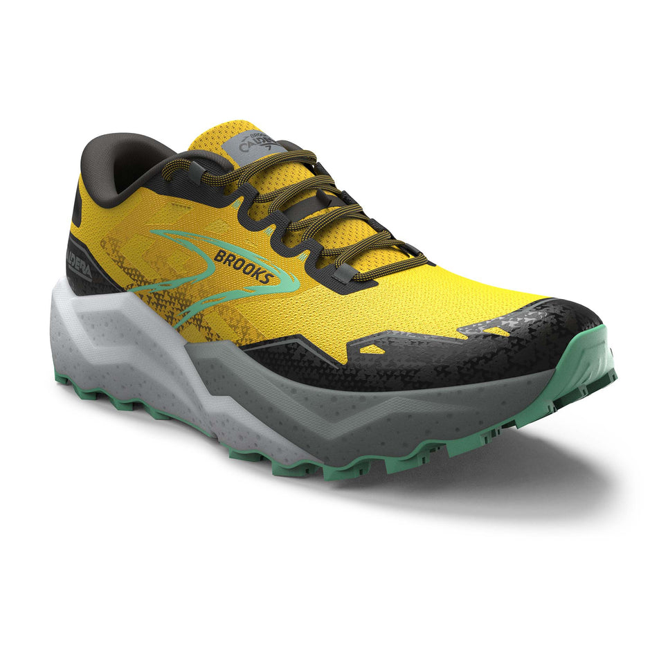 Lateral side of the right shoe from a pair of Brooks Men's Caldera 7 Running Shoes in the Lemon Chrome/Black/Sedona Sage colourway (8113636573346)