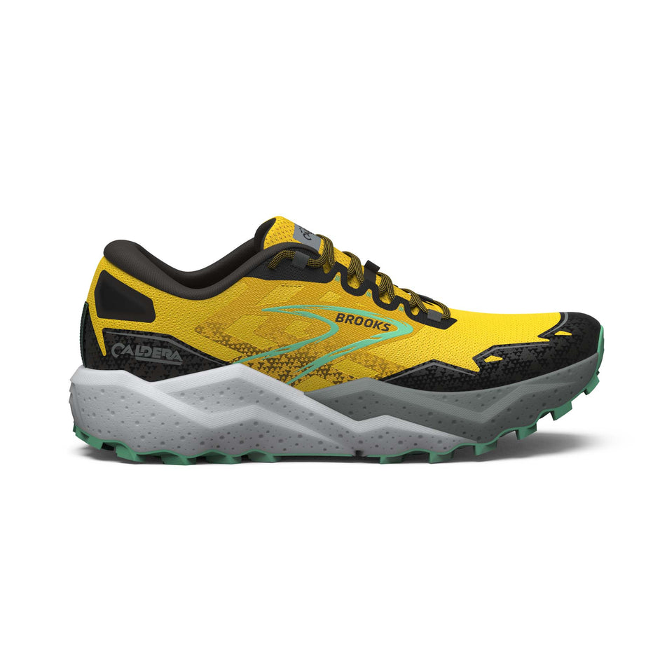 Lateral side of the right shoe from a pair of Brooks Men's Caldera 7 Running Shoes in the Lemon Chrome/Black/Sedona Sage colourway (8113636573346)